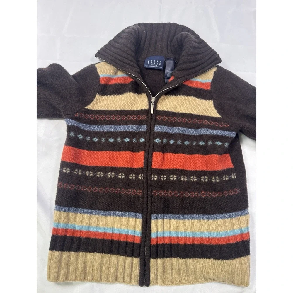 Crazy Horse Liz Claiborne Sweater Mens M 100% Lambswool Full Zip Fair Isle